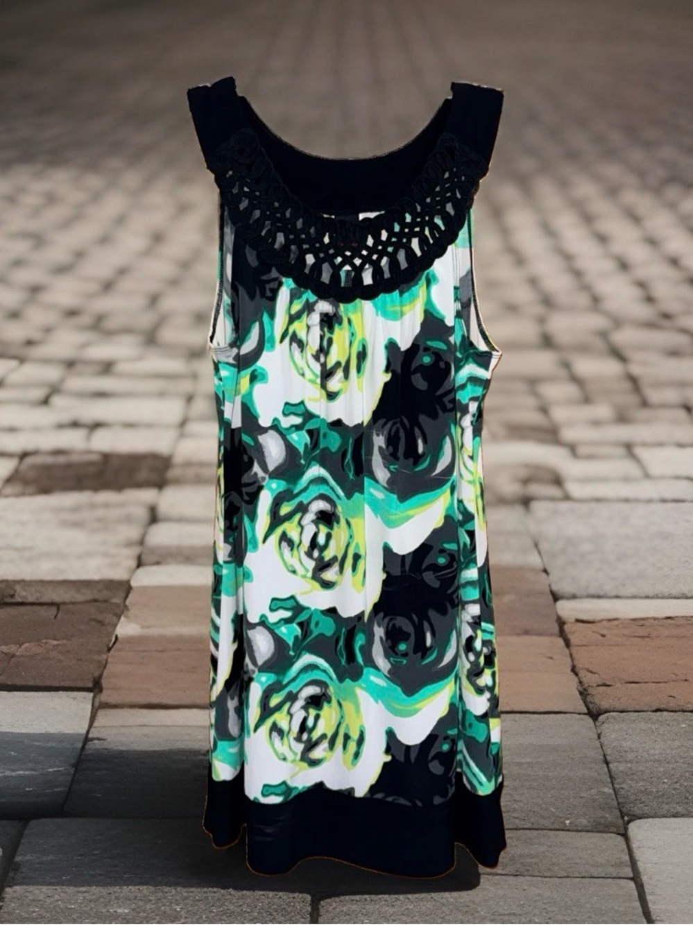 Wrapper Black Crochet-Neck Floral Mini Dress with Green & White Print-M-EC